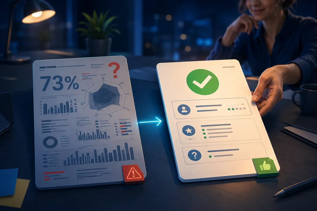Illustration showing two report examples. The report on the left contains a lot of data but is difficult to read. The report on the right is clearer and focuses on key information.