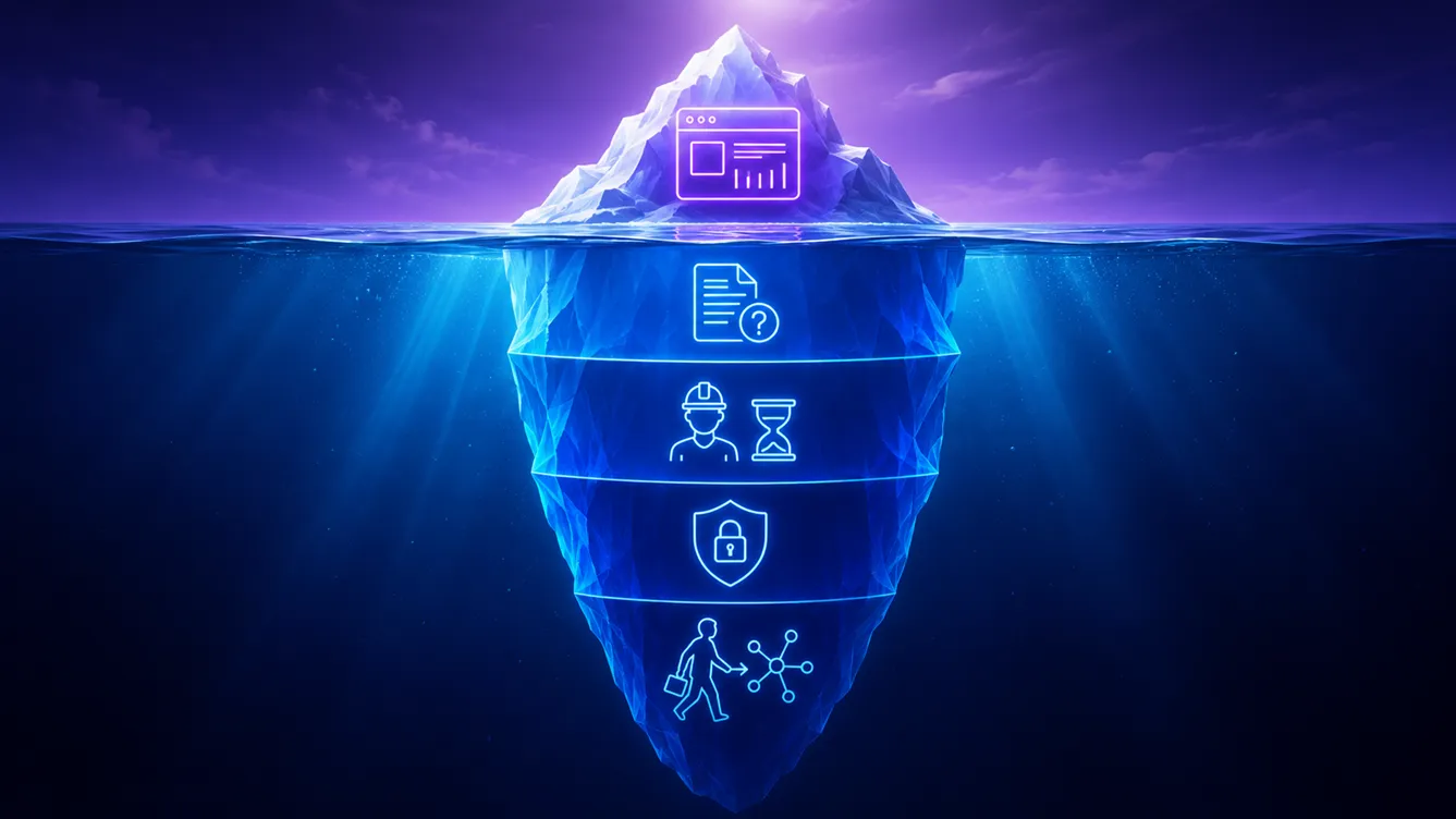 Illustration showing 'iceberg' costs. In the part visible above the water there is an icon symbolizing the application. The part underwater contains icons symbolizing: the question library, the engineering team, safety and support.