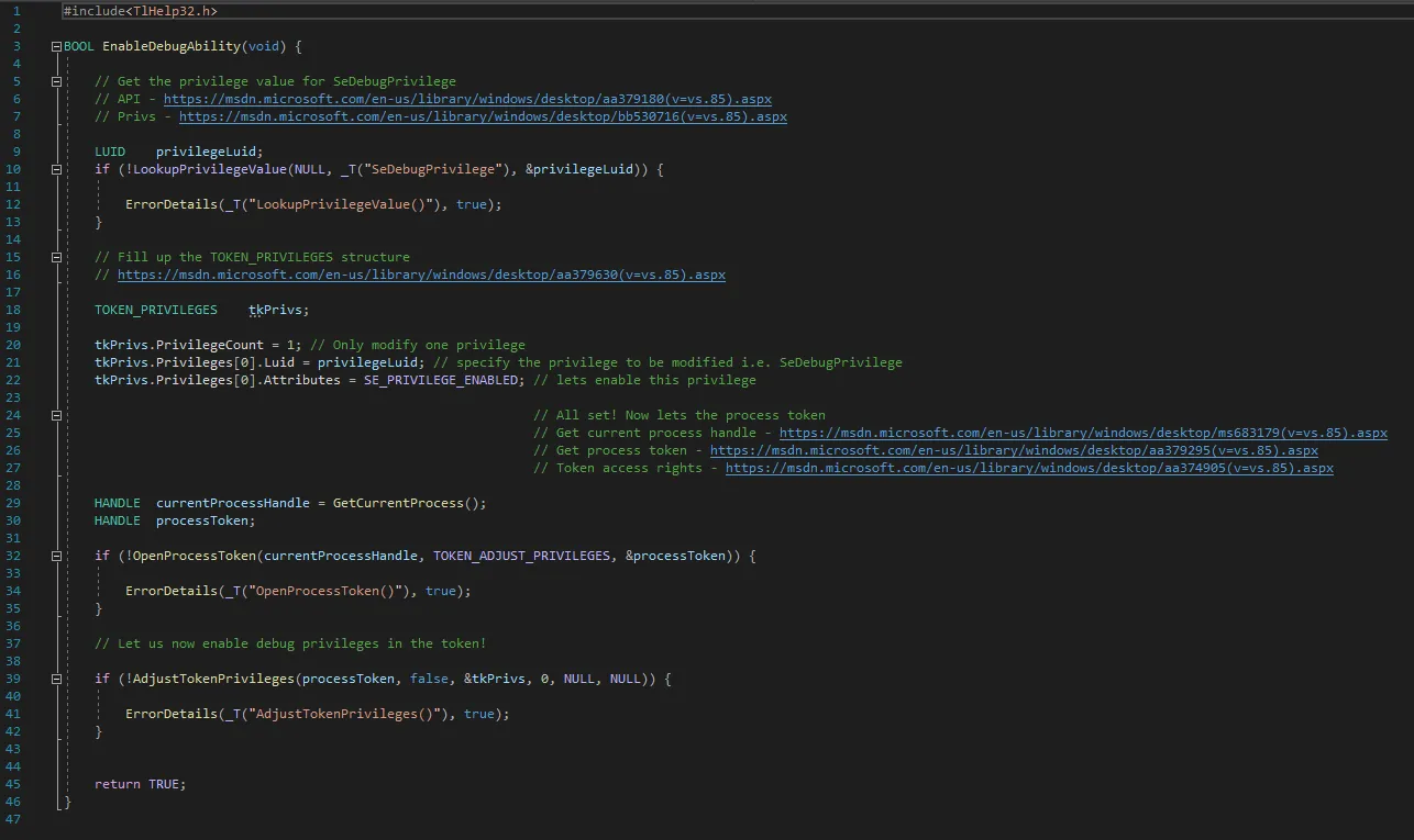 Source code of EnableDebugAbility function that allows process to get SeDebugPrivilege