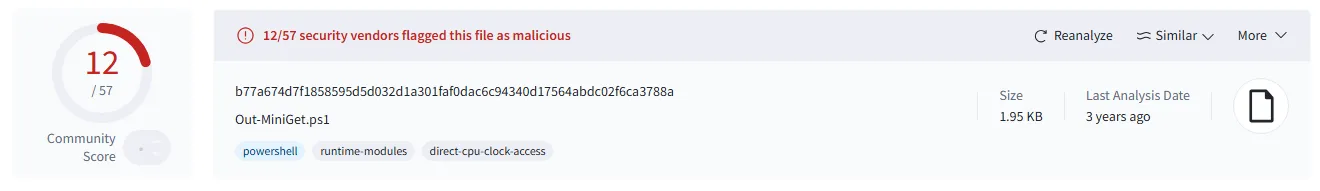 VirusTotal detection rate of Out-Minidump.ps1 after some manual changes to decrease detection rate