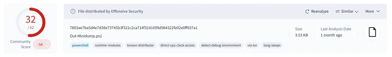 VirusTotal detection rate of Out-Minidump.ps1