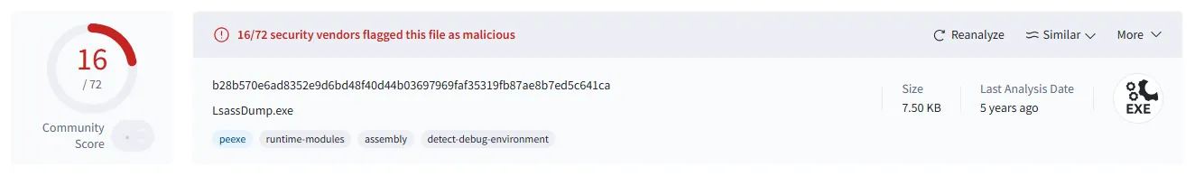 VirusTotal detection rate of Sharpdump