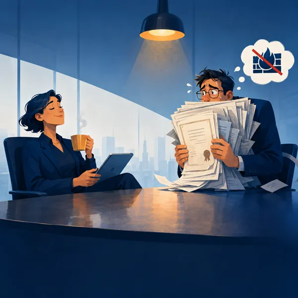 An image of a stressed candidate trying to demonstrate his competence through a stack of paper certificates.
