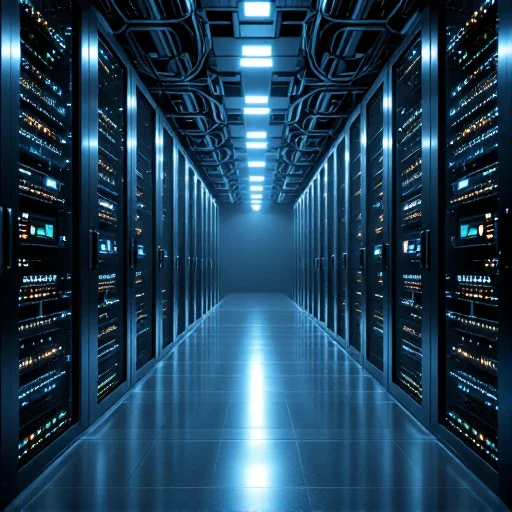 Enterprise data center hallway with multiple firewall appliances in racks, visible network cabling, and subtle status lights, conveying critical perimeter security infrastructure