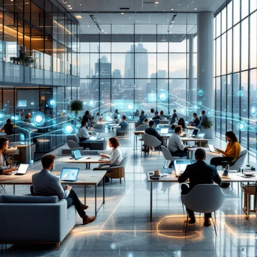 Modern corporate office setting with diverse employees using laptops and tablets in different locations, visually connected through subtle digital light trails to suggest a unified learning ecosystem