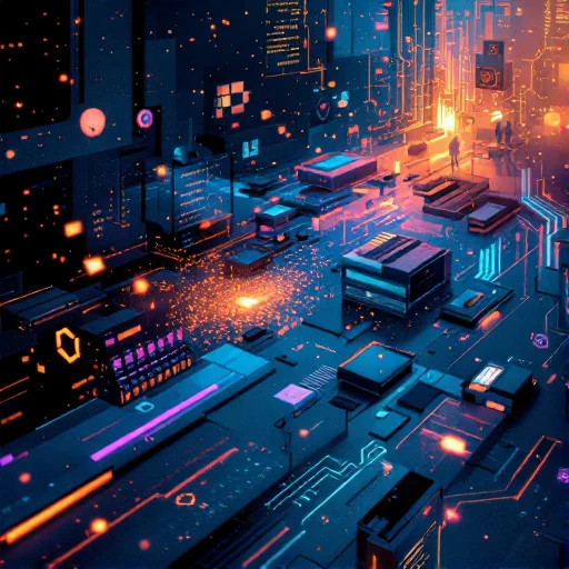 Abstract, high-detail visual of overlapping software-era artifacts fading into each other: an older code book and deprecated framework logos dissolving into modern cloud-native elements like containers, serverless icons, and AI-assisted development symbols, arranged as a forward-moving stream with no text.