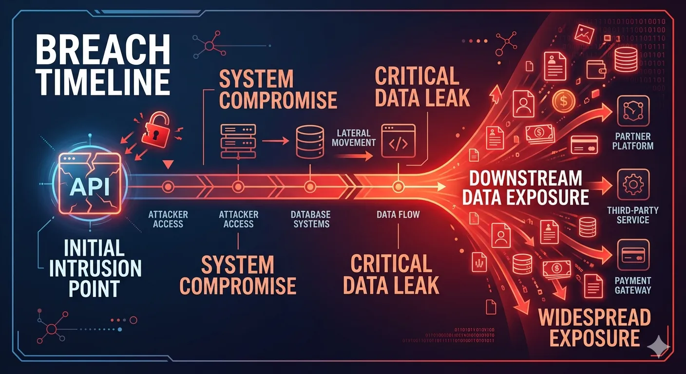 Headline-style breach timeline graphic showing an API endpoint as the initial intrusion point, with downstream data exposure highlighted