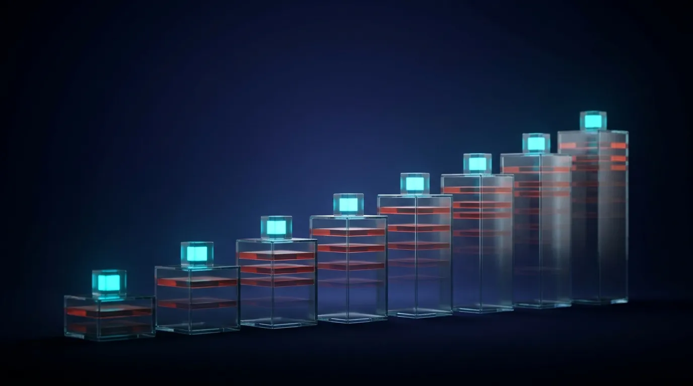 A rising row of glass stacks, each carrying every earlier layer, with the same small lit cube on top of each