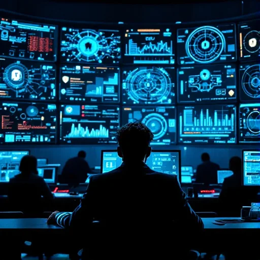 Network security engineer working late in a dim operations center, facing several monitors with blurred log streams and network traffic patterns, suggesting incident investigation under pressure