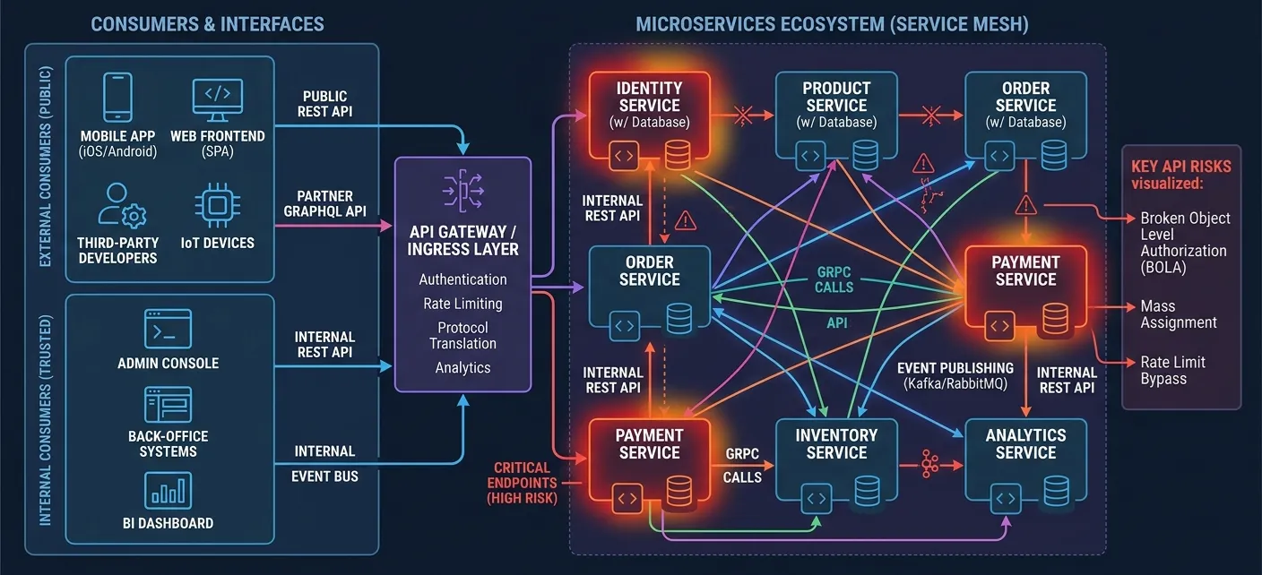Architecture diagram showing microservices communicating via multiple APIs, with internal and external consumers labeled