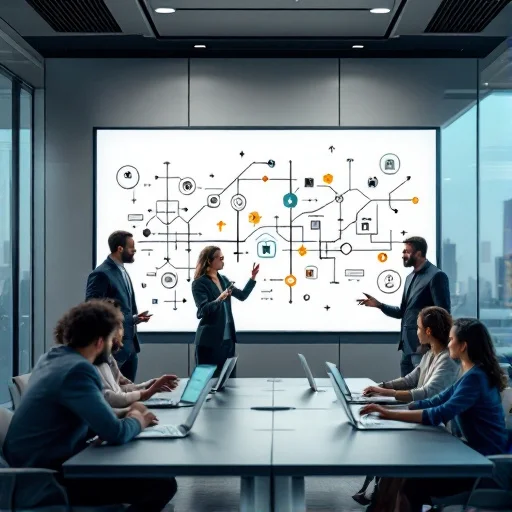 Security testing team collaborating around a whiteboard covered with abstract shapes and arrows (no text), laptops closed, emphasizing planning and strategy rather than tool usage