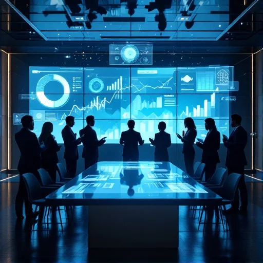 HR and business leaders reviewing training impact through abstract data visualizations on large screens, showing charts and performance trends without readable labels