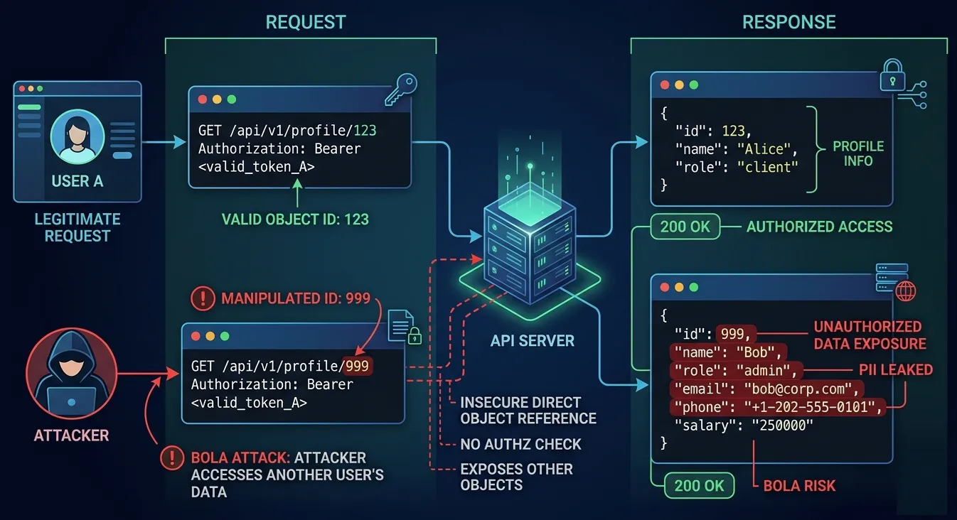 Annotated request/response showing object ID manipulation leading to unauthorized data access