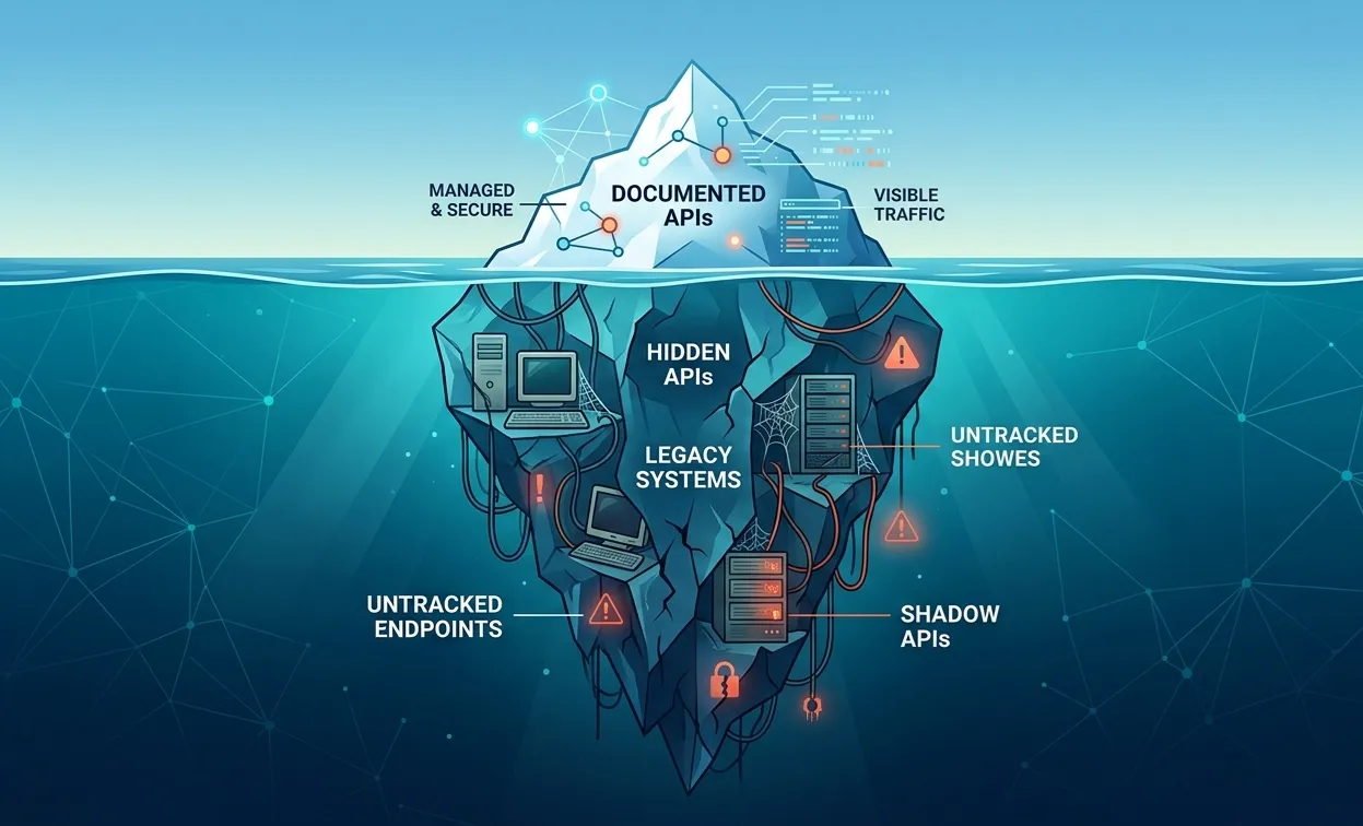 Iceberg diagram showing documented APIs above water and hidden legacy APIs below