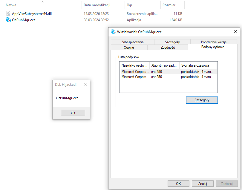 Screenshot from Windows Operating System showing successful DLL Sideloading against OcPubMgr.exe binary signed by Microsoft